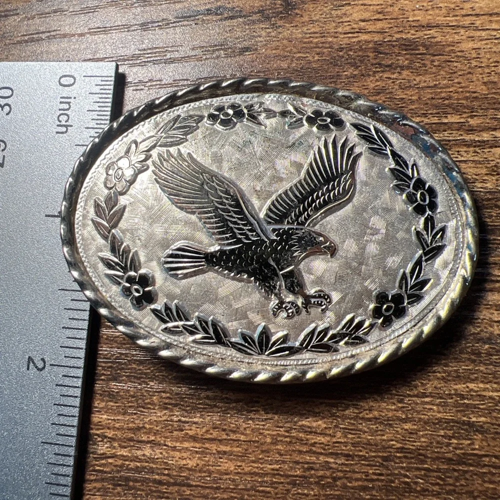 Vintage American Flying Eagle Oval Belt Buckle Etched Leaf USA Made Silver Tone